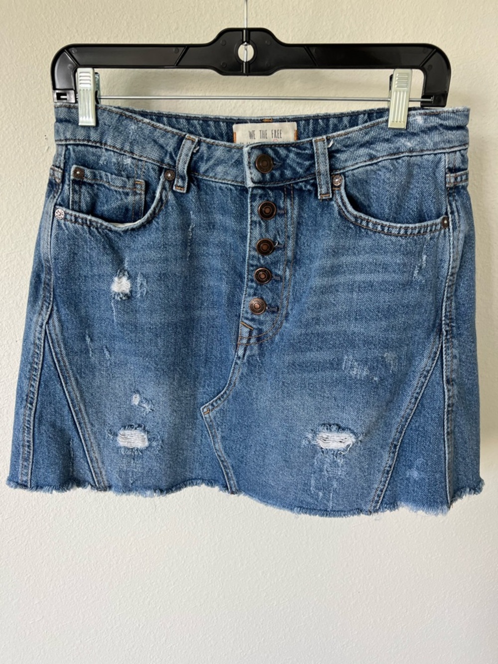 We The Free Denim Mini Skirt Distressed Blue Button-Front